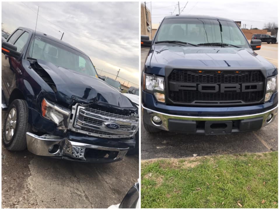 Before and after truck and car collision repair at Raymond's Paint & Body Crowley