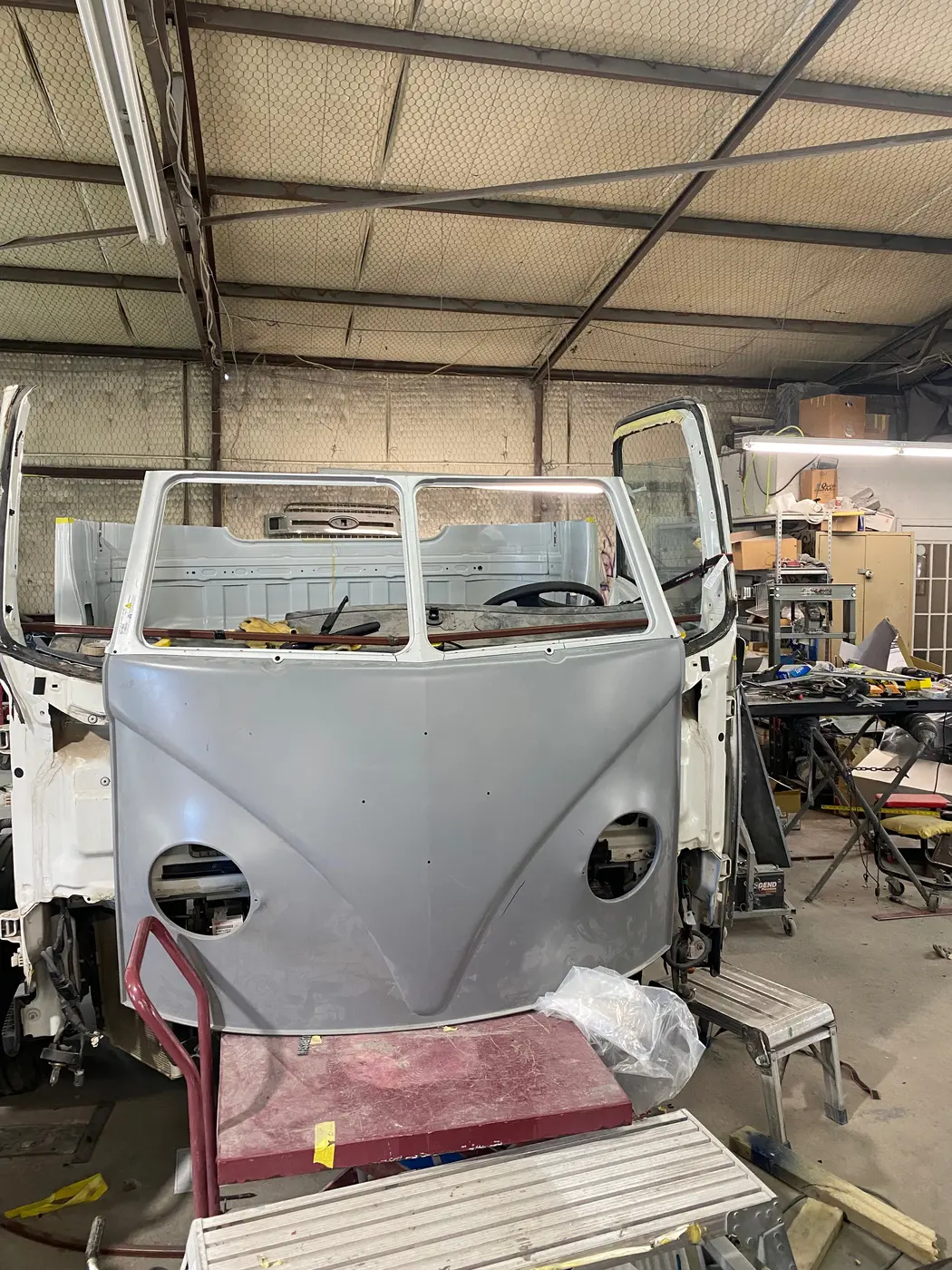 VW cab at the beginning of Raymond's custom fabrication work