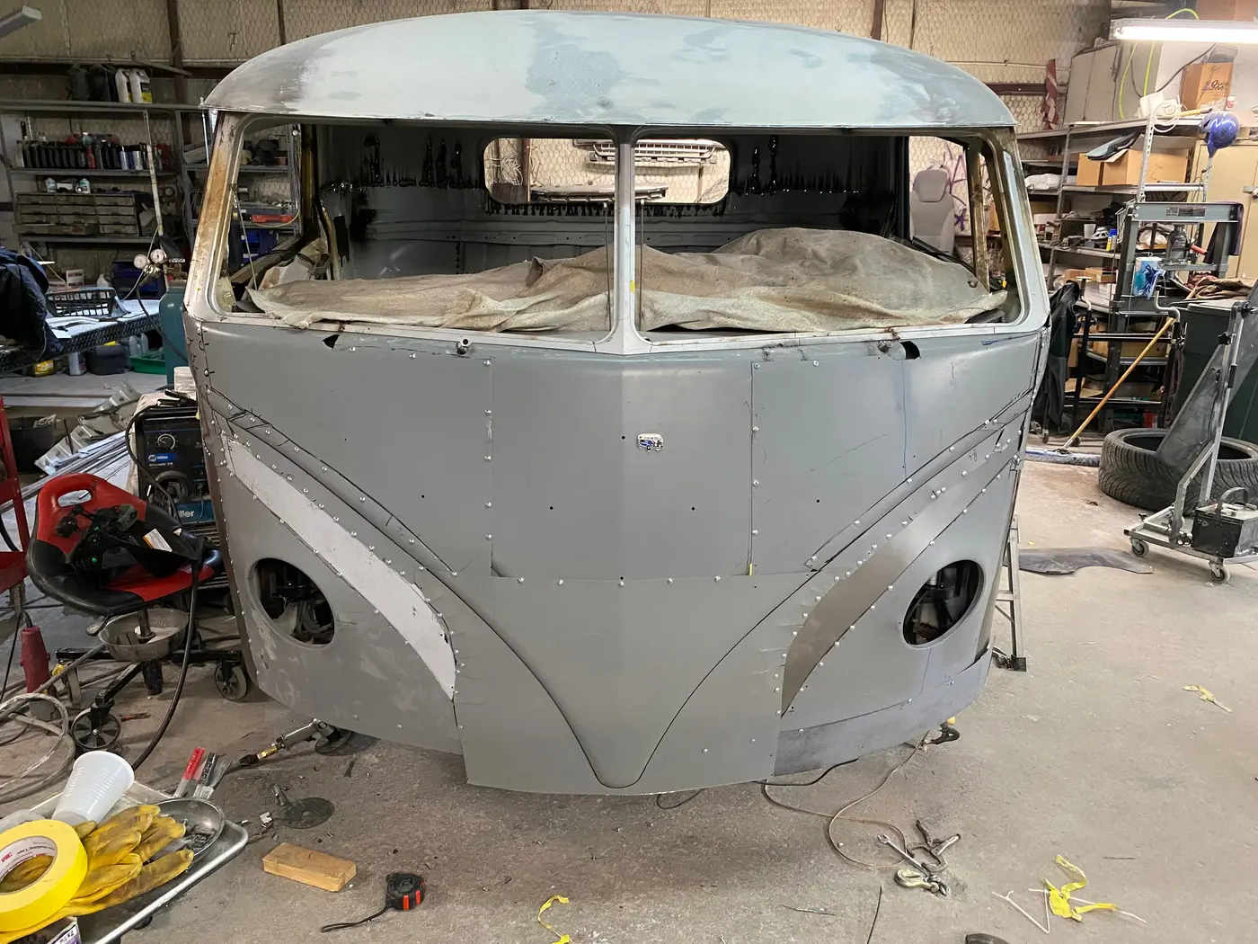 Custom VW cab with its reshaped front bodywork in progress