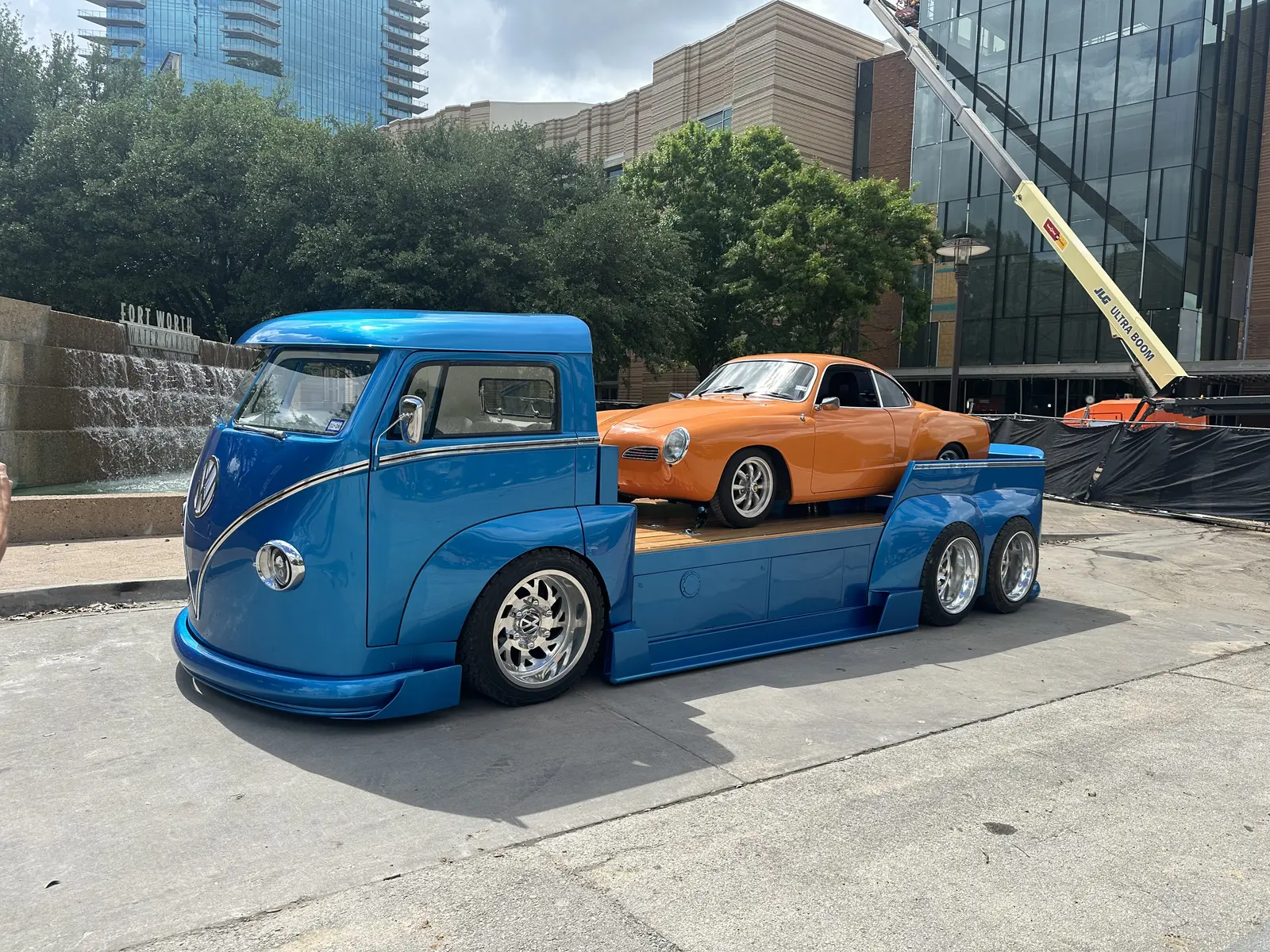 Custom VW hauler carrying Raymond's orange VW race car