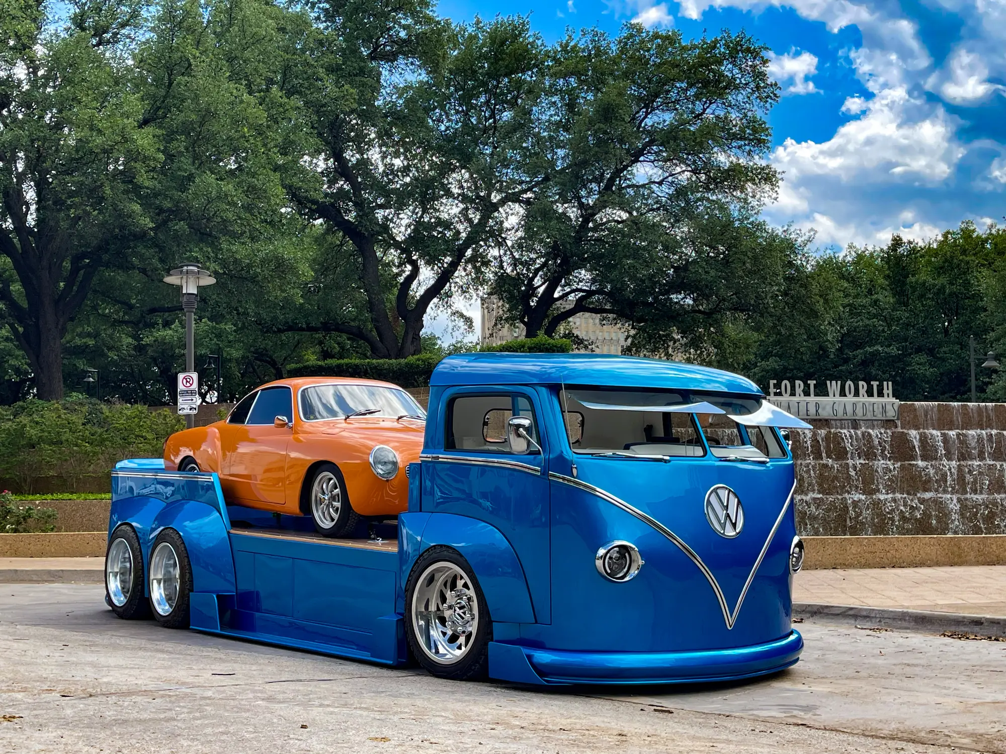 Raymond Canales' custom VW hauler carrying the VW race car he built with his dad